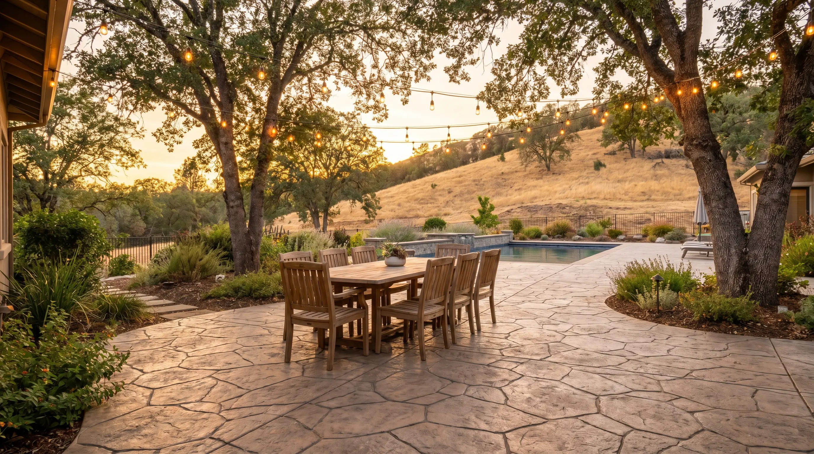 Stamped flagstone concrete patio with outdoor kitchen, Redding CA